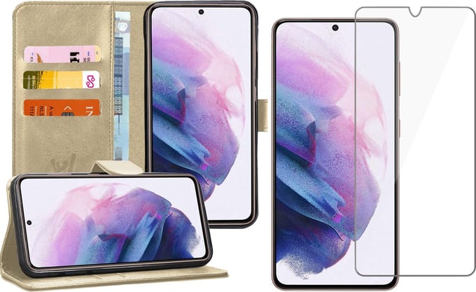 Hoesje geschikt voor Samsung Galaxy S21 - Screen Protector GlassGuard - Book Case Kunstleer Pasjeshouder Goud & Screenprotector