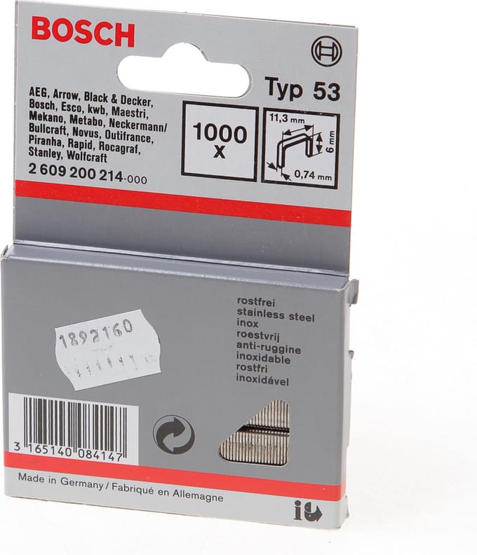 Fijndraadniet type 53, 11,4 x 0,74 x 6 mm, 1000 stuks, uit roestvrij staal 1000 stuk(s) Bosch Accessories 2609200214 Afm. (l x b) 6 mm x 11.4 mm