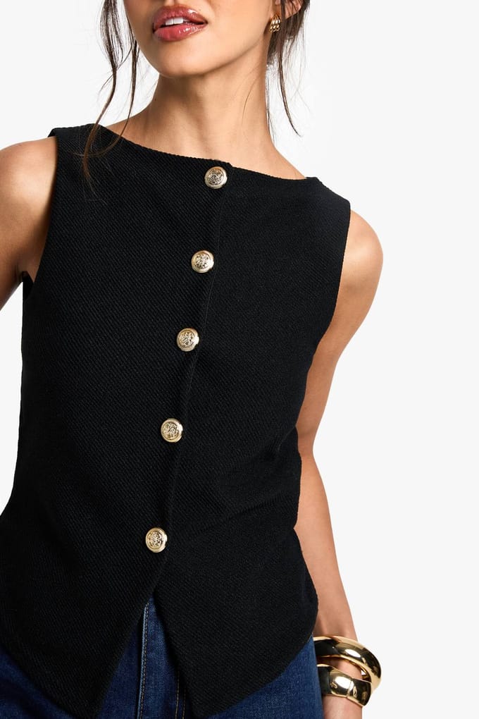 boohoo Dames Textured Button Through Waistcoat | Black | Maat: 12