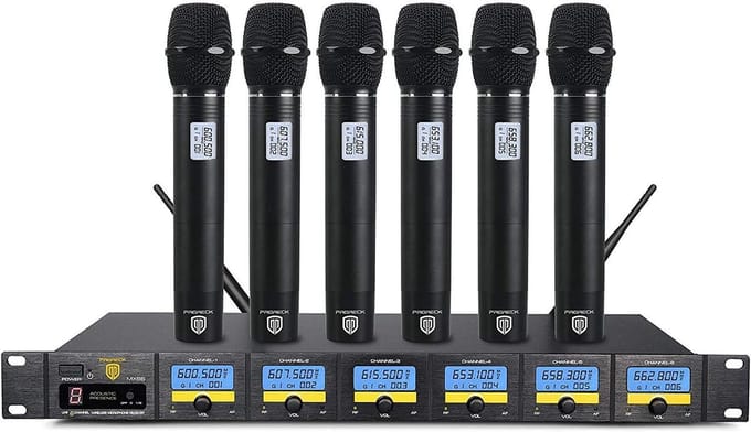 Draadloos Microfoonsysteem - UHF Zes Kanaals - Feest Bruiloft Kerk - Zes Unidirectionele Microfoons - 200 Voet Bereik - Zwart