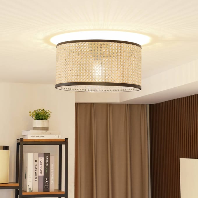 Lindby - plafondlamp - 1licht - rotan - H: 22 cm - E27 - licht hout
