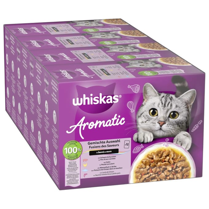 48x85g Whiskas 1+ Aromatic Selection Mix in Saus nat kattenvoer