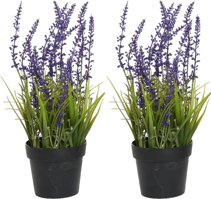 Everlands Lavendel - 2x stuks - kunstplant in pot - violet paars - D15 x H30 cm
