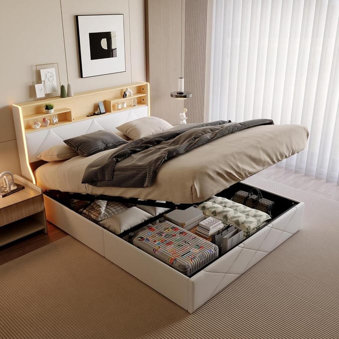 Tweepersoonsbed met Opbergruimte - Gestoffeerd Bedframe - Moderne Slaapkamer - Geïntegreerde LED en USB - 140 x 200 cm - Wit