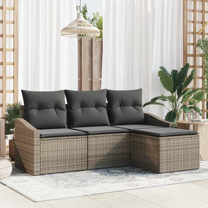 vidaXL Bankstel met kussen met opslag 4 pcs Grijs poly rattan