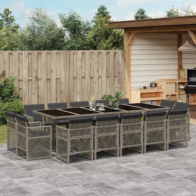 vidaXL - 15-delige - Tuinset - met - kussens - poly - rattan - grijs