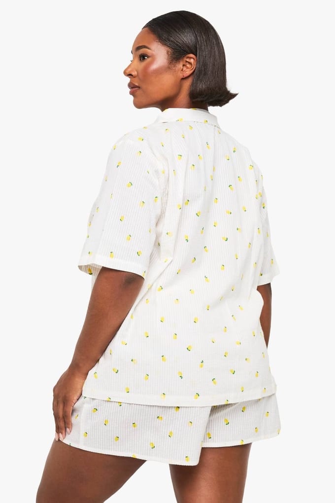 boohoo Dames Plus Lemon Print Waffle Shirt PJ Top | White | Maat: 16