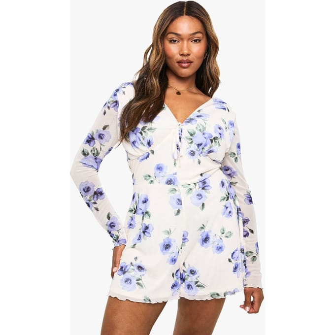 boohoo Dames Plus Floral Mesh Flippy Playsuit | Purple | Maat: 28