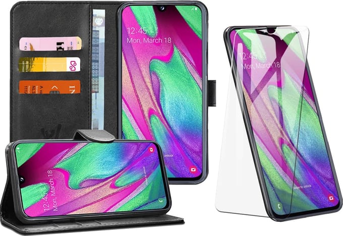 Hoesje geschikt voor Samsung Galaxy A40 - Screen Protector GlassGuard - Book Case Kunstleer Pasjeshouder Zwart & Screenprotector