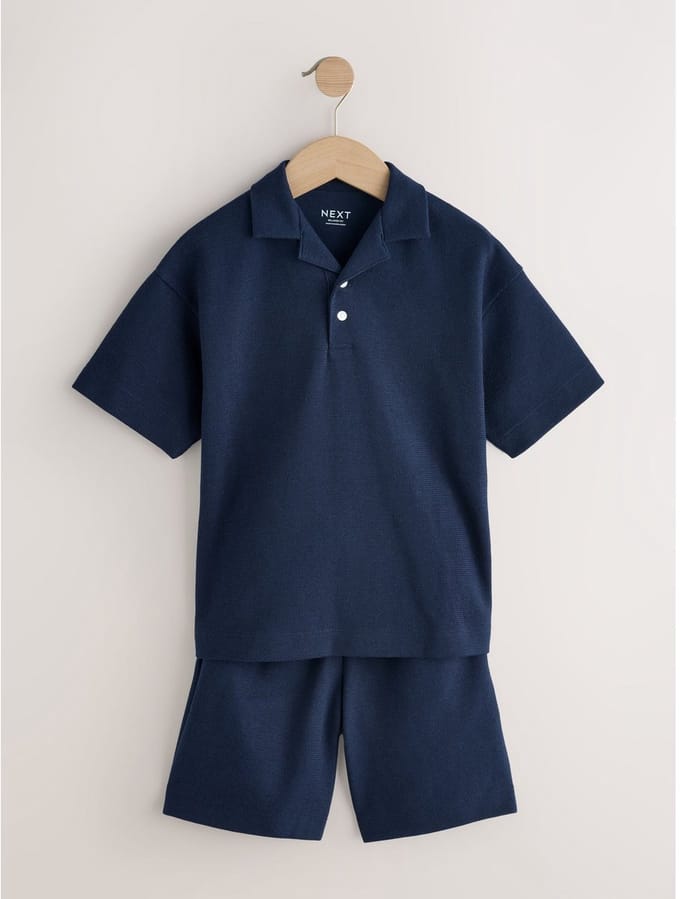 Next - Jongens - Set van getextureerd poloshirt met korte mouwen en short - Blauw