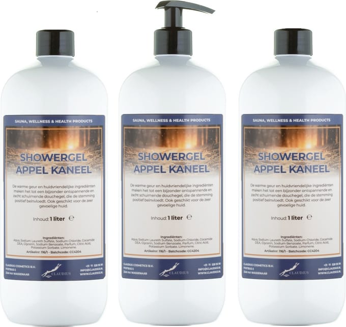 Douchegel Appel-Kaneel 1 Liter - set van 3 stuks - met gratis pomp - Showergel