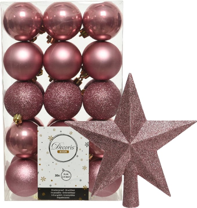 Kerstballen - 30x stuks - incl. ster piek - oudroze - kunststof