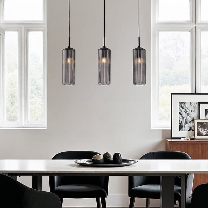 LumenXL Retro hanglamp zwart - geribbeld rookglas, 3-lichts - Giove