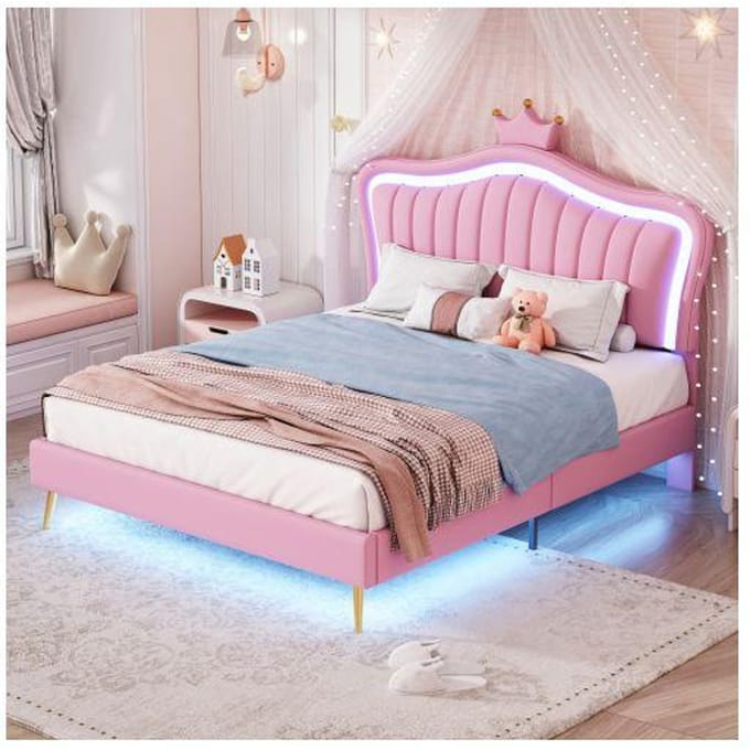 Tweepersoonsbed - MUVOE - Rosas Couronne - 140 x 200 cm - PU Leer - LED Verlichting wit