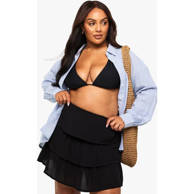 boohoo Dames Plus Ruffle Gelaagde Kaasdoek Mini-rok | Zwart | Maat: 52