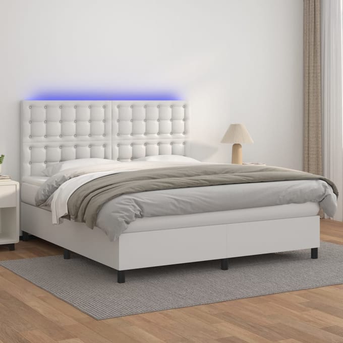 vidaXL - Boxspring - met - matras - en - LED - kunstleer - wit - 160x200 - cm