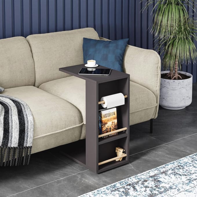 Bijzettafel met wielen - Laptoptafel 44x29x65 cm - Functionele opbergtafel in zwart