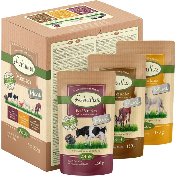6x150g Mini Mix (3 Smaken) Adult Lukullus Hondenvoer Vershoudzakjes