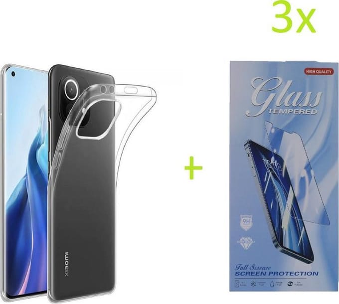 Hoesje Geschikt voor: Xiaomi Mi 11 Transparant TPU Silicone Soft Case + 3X Tempered Glass Screenprotector