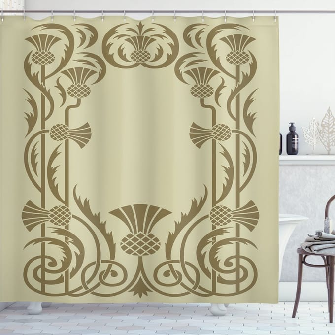 ABAKUHAUS Jugendstil-douchegordijn – Botanisch exotisch – 175x180 cm – Witgroen Sepia