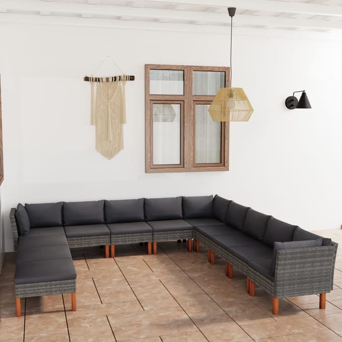 vidaXL - 12-delige - Loungeset - met - kussens - poly - rattan - grijs
