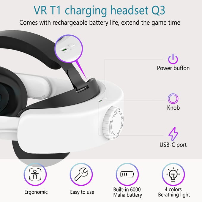 Sangle de tête avec batterie pour Meta/Oculus Quest 3, accessoires de remplacement de sangle Elite réglables pour Oculus/Meta Quest 3 blanc