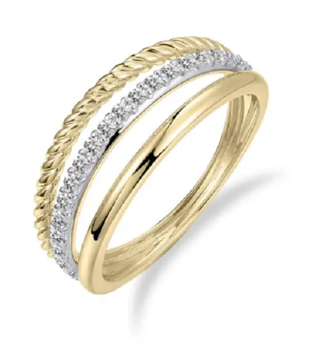 Schitterende 14 Karaat Gouden Luxe 3 Bands Ring Briljanten 19.00 mm. (maat 60) | Aanzoeksring