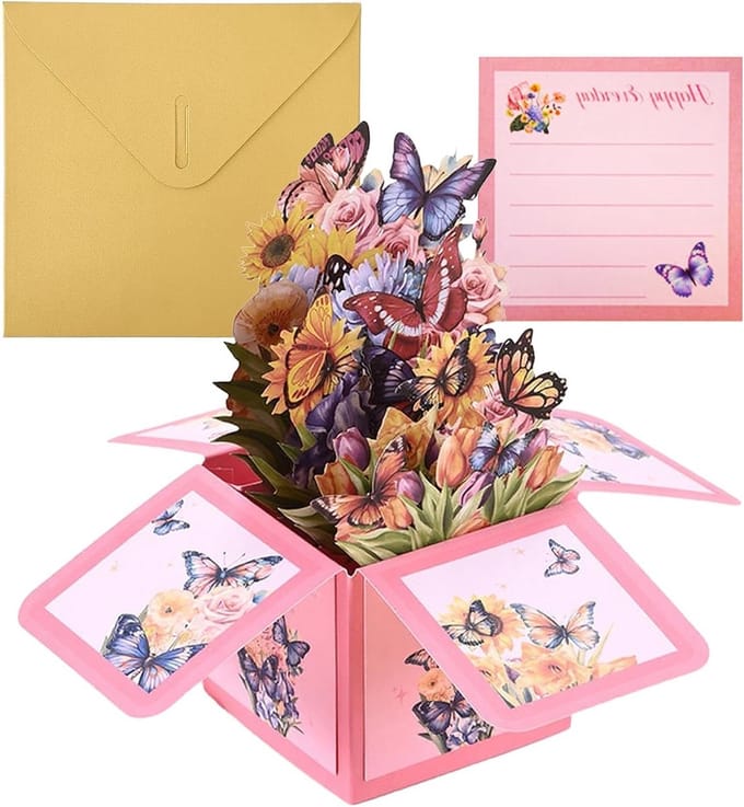 Verjaardagskaarten Vlinder Bloem Roze 3D Pop-up Vrouw Moeder - Happy Birthday Doos