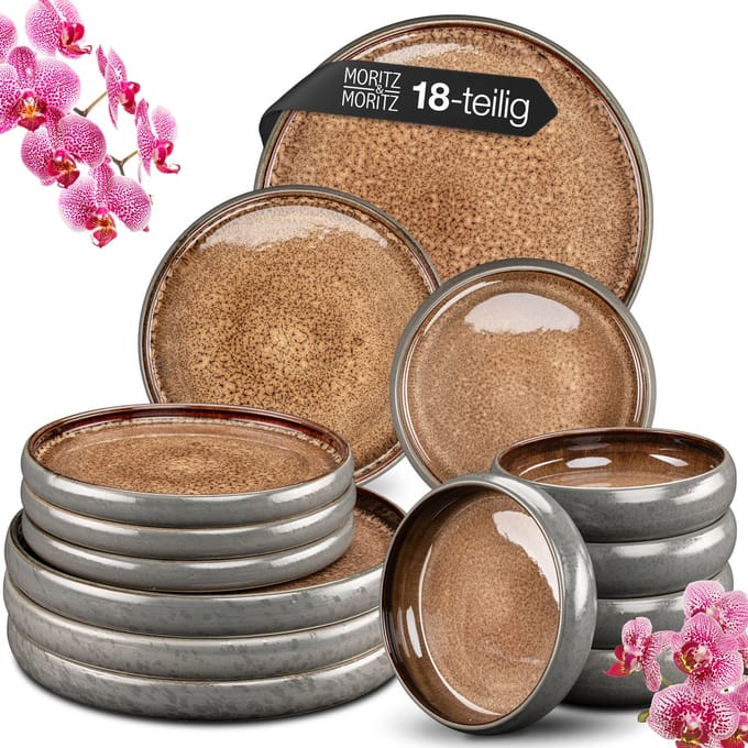 Moritz & Moritz SOLID Serviesset 6 Persoons - 18-delig Servies Set met Dinerbord, Dessertbord en Schaaltje - Keramiek - Bruin