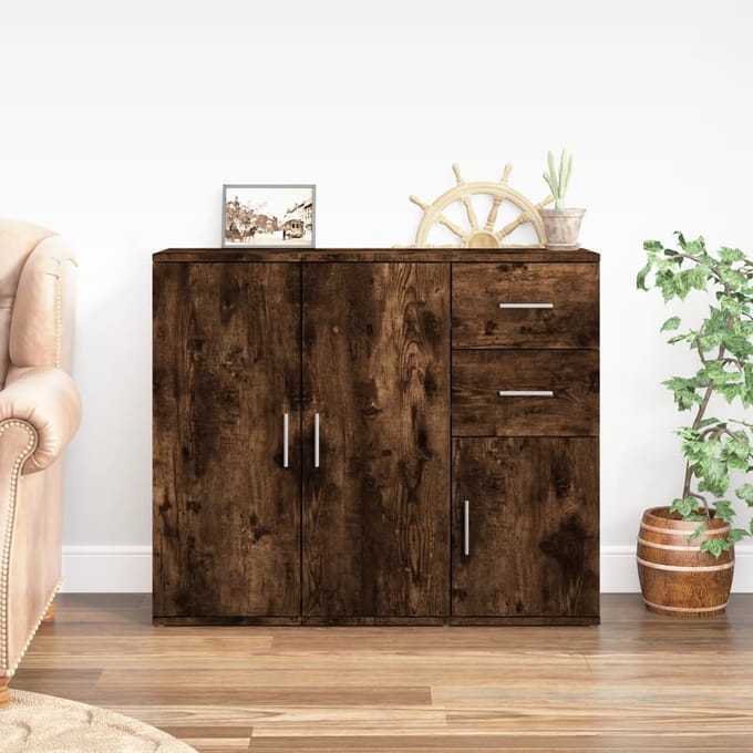 vidaXL - Dressoir - 91x29,5x75 - cm - bewerkt - hout - gerookt - eikenkleurig