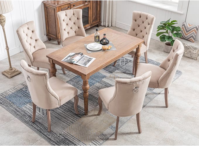 REDOM - Eetkamerstoel - Hoge Rugleuning en Knopen - Modern - Eetkamer - Fluweel en Rubberhout - Beige - 97 × 51 × 47 cm