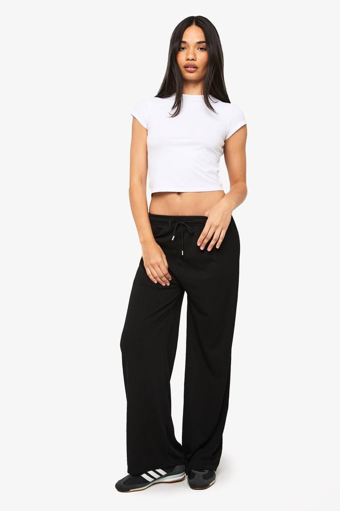 boohoo Dames Geweven getextureerde broek | Zwart | Maat: Small/Medium