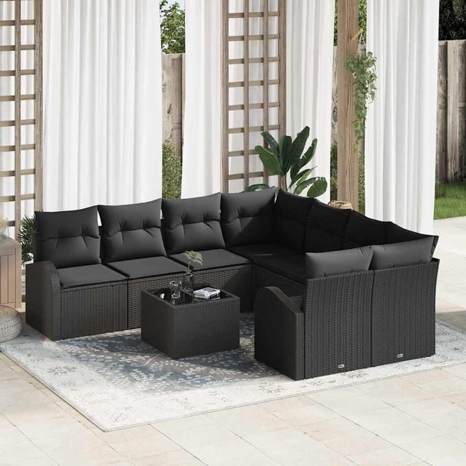 vidaXL - Tuinbank - Set - 9 - st - Zwart - poly - rattan