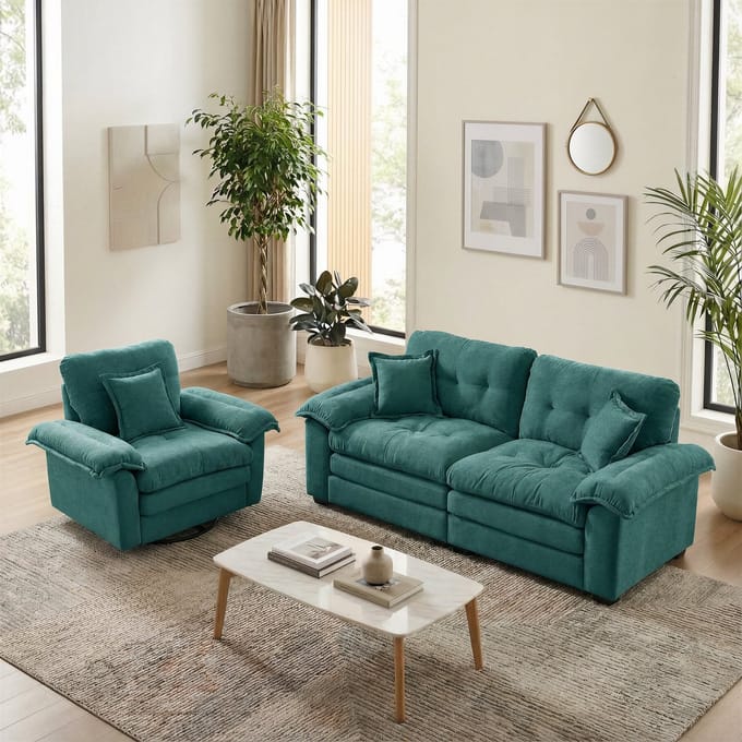 Clruro Sofaset - 2-delig - Diepe Zit met Sierkussens - Dubbele Zachte Vulling - Chenille - Groen