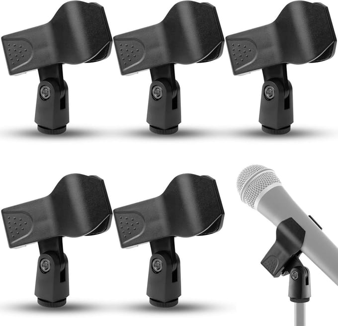 Famanu Microfoonhouders, 5 stuks, universele microfoonklemmen, plastic microfoonclip voor podiumbijeenkomsten, live taal, concerten, opnames, streaming