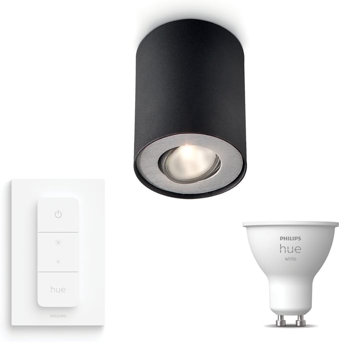 Philips Hue Pillar Opbouwspot (Zwart) - Warmwit Licht - Incl. Hue Dimmer Switch - Plafondspot met 1 Lichtpunt - GU10 - Hue White