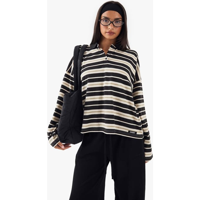 Dames DSGN Studio Gestreepte Oversized Top met Kraag | Zwart | Maat: Small