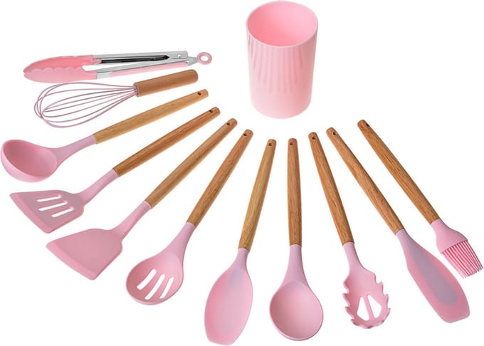 Clayre & Eef 12-delig Keukengerei met Organizer Ø 8x32 cm Roze Siliconen