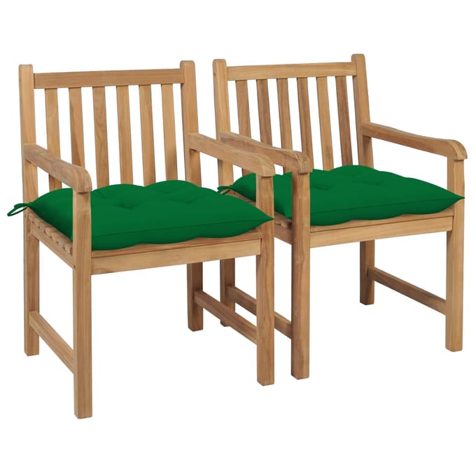 vidaXL - Tuinstoelen - 2 - st - met - groene - kussens - massief - teakhout