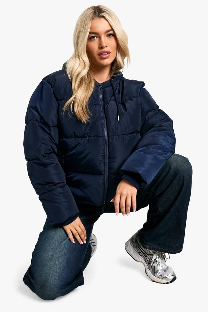 boohoo Dames Korte Puffer met Capuchon | Navy | Maat: 16
