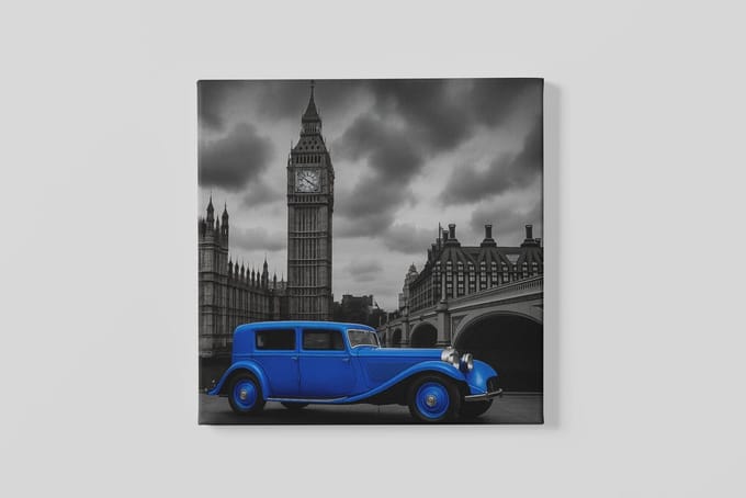 Vierkant Canvas Schilderij - Blauwe Oldtimer - Big Ben - Londen - 100x100 cm