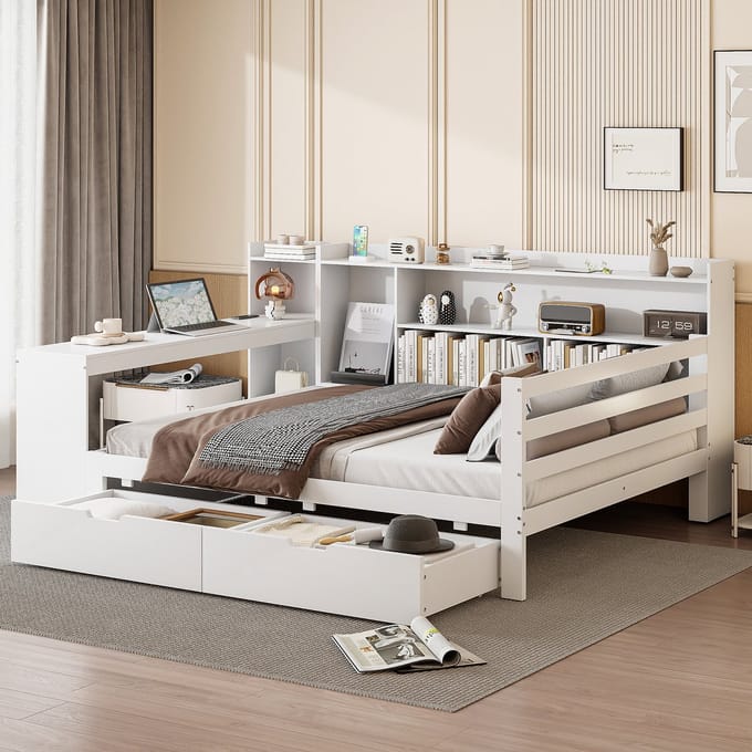 MODFU Bedframe 140x200 cm – Met bureau, 2 lades, stopcontact en USB – Wit – Van hout
