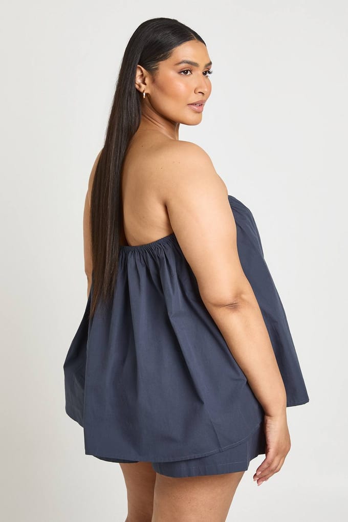 boohoo Dames Plus Poplin Bandeau Smock Top & Wijd Uitlopende Short | Marineblauw | Maat: 46