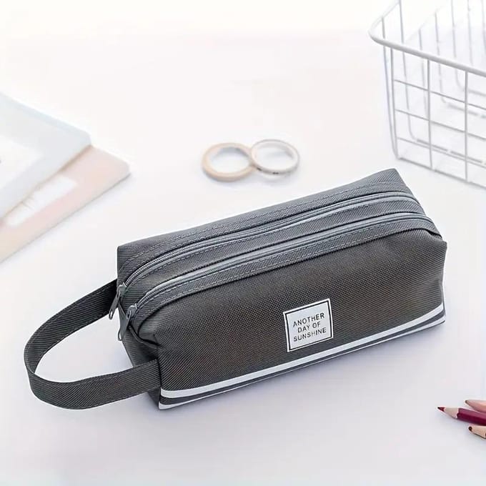 1pc Trousse à Crayon Grande Capacité Double Couche Design Double Fermeture Éclair Portable Organisateur Multifonctionnel pour École Bureau Usage Quotidien gris