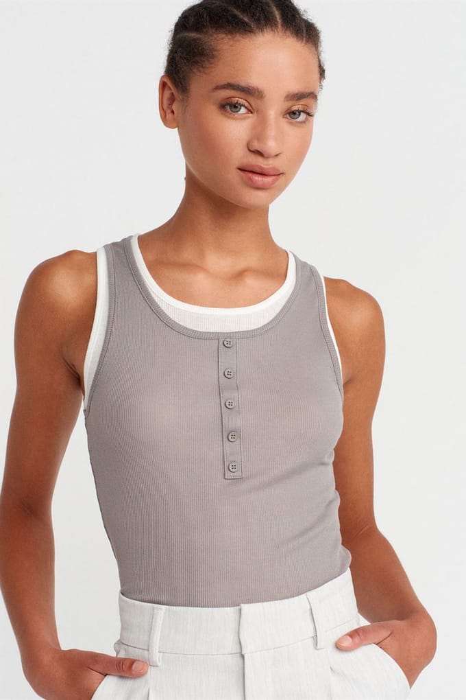 Katoenen Geribbelde Mouwloze Knopblouse