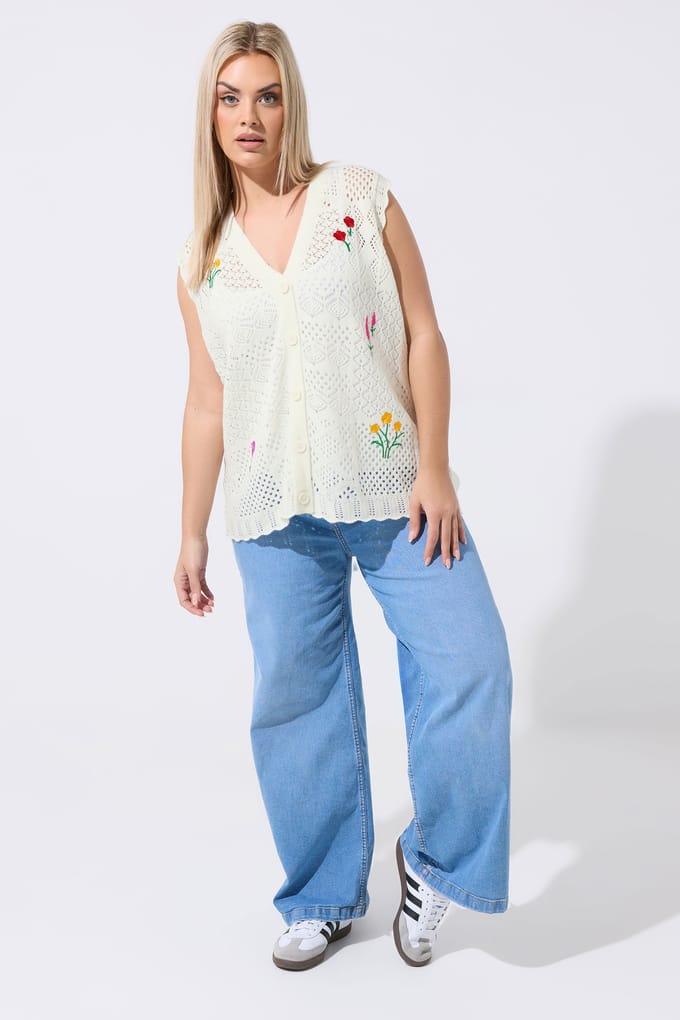 Limited Collection Crèmekleurig Gebreid Vest Met Geborduurde Bloemen Size 46-48