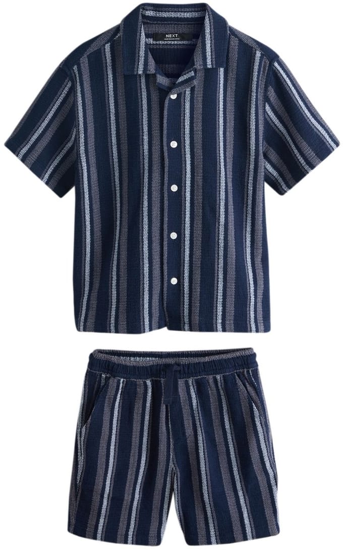 Next - Jongens - Set met korte mouwen, gestructureerd overhemd met strepen en korte broek - Blauw