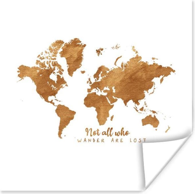 Muurdecoratie - Wereldkaart - Brons - Quote - 50x50 cm - Poster