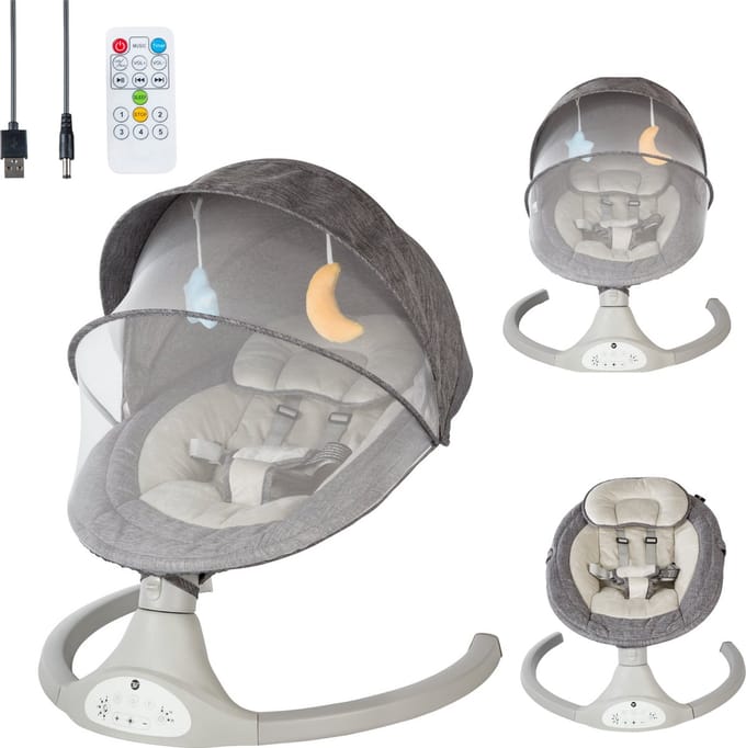 Bebies First Elektrische Wipstoel/ Schommelstoel Met Bluetoothfunctie Relax Met Kap & Speelboog - Grijs