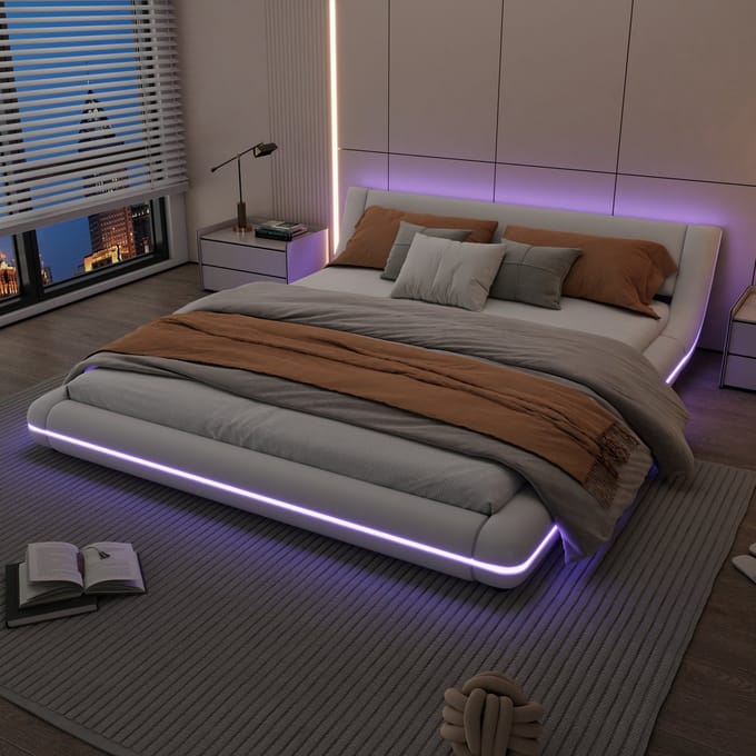 Platformbed 160x200 - Vloerbed Van PU Met Led Sfeerverlichting - Wit - Zonder Matras